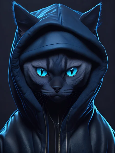 blackholeengine , a white cat wearing a blue hoodie with blue eyes and blue eyes