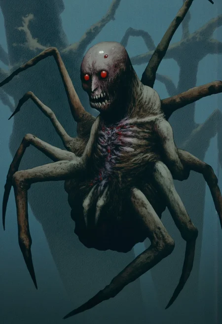 b3rs3rk macro lens d4concept pov, 3D01S, simple background d4artstyle atmospheric and powerful MikeFranchinastyle dark fantasy, natural organic and first person pov of a berserk style creature in the Tsutomu Nihei style
Emerging from the shadows is a grotesque amalgamation of humanoid and arachnid forms. The creature's distorted face bears a twisted semblance of humanity, with bulging eyes and an unhinged mouth that extends far beyond natural limits, filled with sharp, mismatched teeth dripping with saliva. Its head is grotesquely fused with the torso, from which multiple spindly legs extend outward, each ending in sharp, claw-like points that seem to scuttle unpredictably. The being's skin is pale and veiny, stretched taut over its skeletal frame, while parts of its body appear fused with sinewy web-like structures. Emerging from behind are fleshy growths and tendrils, pulsating with a sickly glow as if alive with something parasitic. Its presence evokes both revulsion and an eerie, malicious intelligence, as though it were a sentient predator from the depths of a nightmare realm.
Background solid color with a faded dimly lit, fog-covered darkness tone that emphasizes its silhouette.
UHD letterboxed game trailer frame chromatic aberration dark atmosphere sharp masterpiece with a focus on the character, elden ring, dark atmosphere