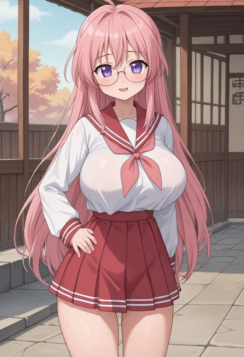 outdoor, midnight, Shinto shrine, 
8k, super high vision:, intricate details, Super high quality, Super high resolution, masterpiece, full color, 
anime art, animation, 
beautiful breasts, huge breasts, 
super cute girl, super cute face, narrow waist, 
sweat, shiny skin, wet hair, wet body, droplet, 
looking at you sexually, sexually excited state, heterosexual, gonzo, 
smug, open your mouth, sigh, long breath, blush, bitch, 
Place your hands on your hips, standing, 
sailor collar, uniform, red skirt, pink neckerchief, mini skirt, 
tiny hips, hips, thigh, 
miyuki takara, long hair, purple eyes, pink hair, glasses, cowboy shot,