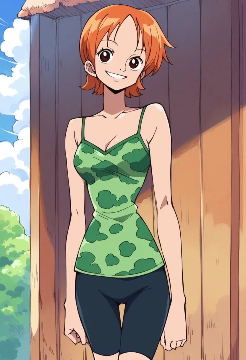 score_9, score_8_up, score_7_up, 1girl, solo, n4mi, orange hair, short hair, brown eyes, green camisole, bike shorts, outdoors looking at viewer, smile, cowboy shot
