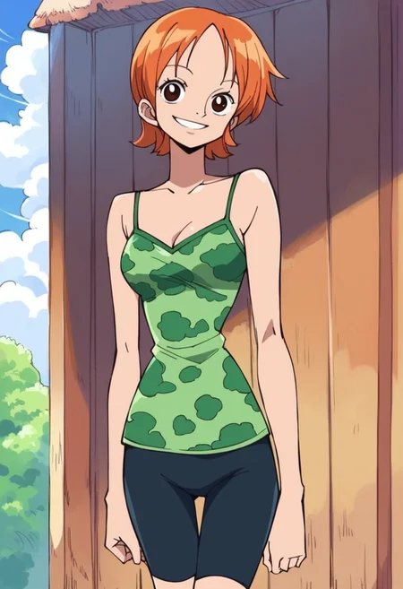 score_9, score_8_up, score_7_up, 1girl, solo, n4mi, orange hair, short hair, brown eyes, green camisole, bike shorts, outdoors looking at viewer, smile, cowboy shot