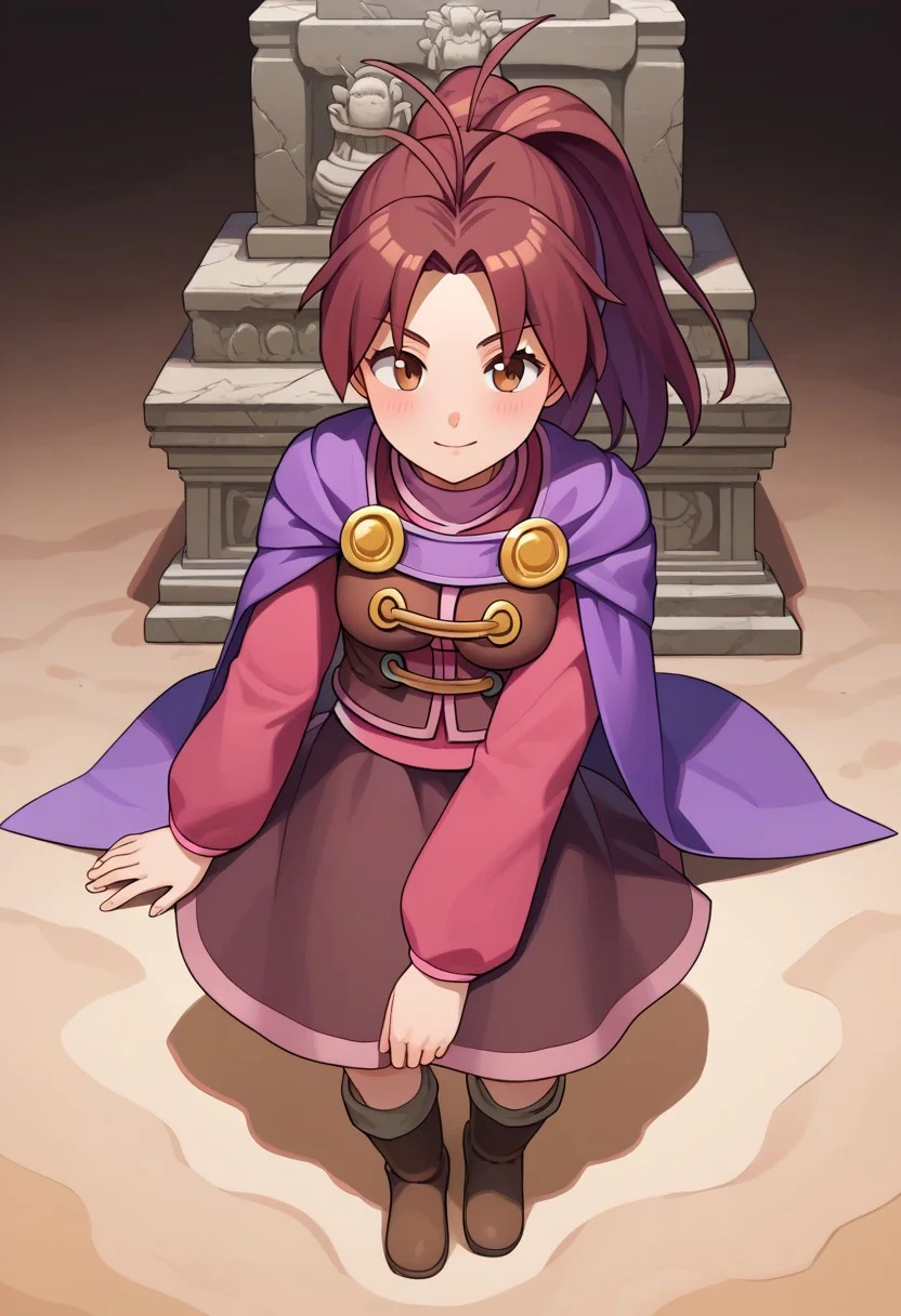 score_8, score_8_up, score_7_up, score_6_up, anime BREAK, 1girl, solo, female focus, gsJenna, brown hair, ponytail, antenna hair, purple cape, vest, pink shirt, long sleeves, brown skirt, boots, full body, BREAK Angkol_ruins, indoors, sand, stone head, statue, ruins, moss,