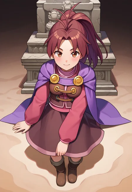 score_8, score_8_up, score_7_up, score_6_up, anime BREAK, 1girl, solo, female focus, gsJenna, brown hair, ponytail, antenna hair, purple cape, vest, pink shirt, long sleeves, brown skirt, boots, full body, BREAK Angkol_ruins, indoors, sand, stone head, statue, ruins, moss,
