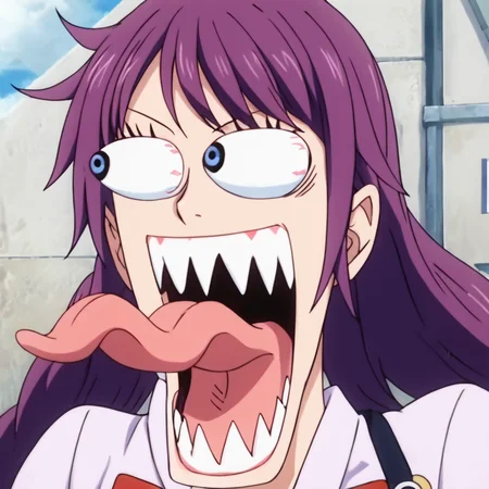 score_9, score_8_up, score_7_up, score_6_up, score_5_up, score_4_up, <lora:hitagi-senjougahara-anime-ponyxl-lora-nochekaiser:0.8> ,hitagi senjougahara, bangs, long hair, blue eyes, purple hair, skirt, thighhighs, school uniform, necktie, black thighhighs, zettai ryouiki, naoetsu high school uniform, 1girl, alone, masterpiece, highres, highly detailed face, <lora:onepiece_funny_face:1>, one_piece_funny_face, eye pop, snot, sharp teeth, eyes vein lines, open mouth, tongue out, long tongue