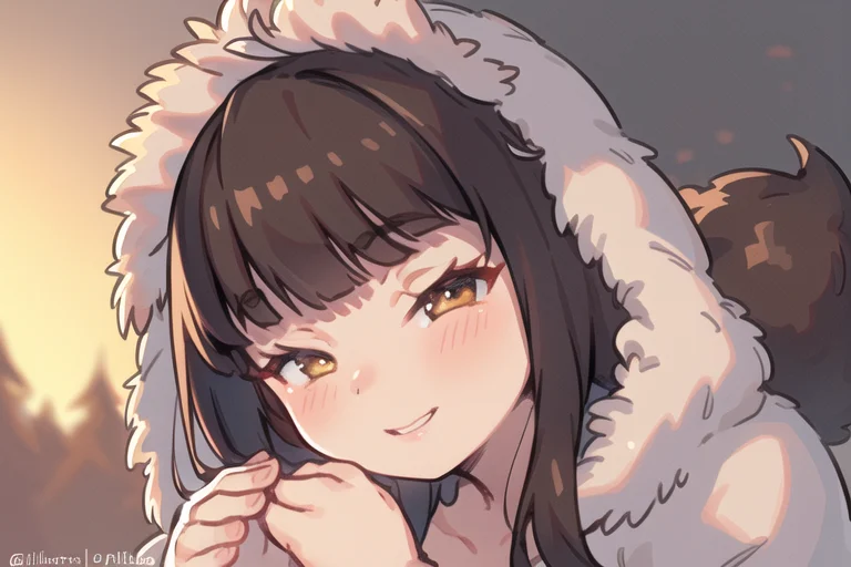 Original Characters, Best Shadows, Deep Depth Of Field, Sharp Focus, Portrait Of Stunningly Beautiful Petite Girl, Soft Delicate Beautiful Attractive Face With Alluring Brown Eyes, Lovely Small Breasts, Sharp Eyeliner, Seductive Smiling, Close Mouth, Windswept Disheveled Brown Hair, Thick Layered Medium Hairstyles, Blush Eyeshadow With Thick Eyelashes, Parted Lips, (Eskimos Tribal Fur-Parka With Fur-hood And Fur-Gloves:1.1), [Glittering Night Sky], (Only One Hope Light In Girl Hands:1.25), (Highest Quality, Amazing Details:1.4), Masterpiece, Bloom, Picturesque, Focus With Light