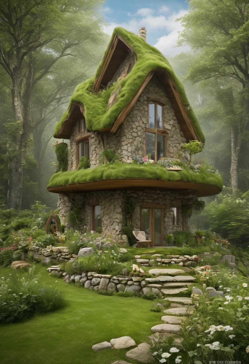 in front hangs a one-story fabulously magical house of a fairy, a wizard, a wizard, built of stone, covered and merged with nature, the roof reaches the ground and is completely covered with grass and green grass, a large veranda. in front of a table and chairs made from the branches of bushes and trees, deck chair type, large barbecue, windows, stone chimney, spacious inside, avant-garde ecologically independent house merging with nature, built from natural materials found in nature, fantastically fabulous style, photorealism, sense of harmony and tranquility, relaxation, fantasy and magic
