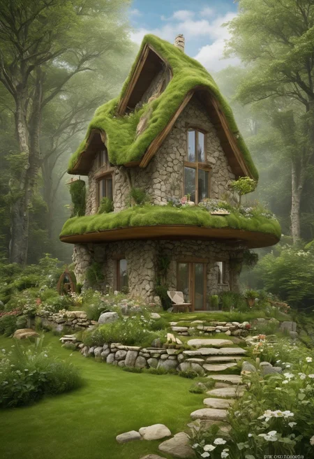 in front hangs a one-story fabulously magical house of a fairy, a wizard, a wizard, built of stone, covered and merged with nature, the roof reaches the ground and is completely covered with grass and green grass, a large veranda. in front of a table and chairs made from the branches of bushes and trees, deck chair type, large barbecue, windows, stone chimney, spacious inside, avant-garde ecologically independent house merging with nature, built from natural materials found in nature, fantastically fabulous style, photorealism, sense of harmony and tranquility, relaxation, fantasy and magic