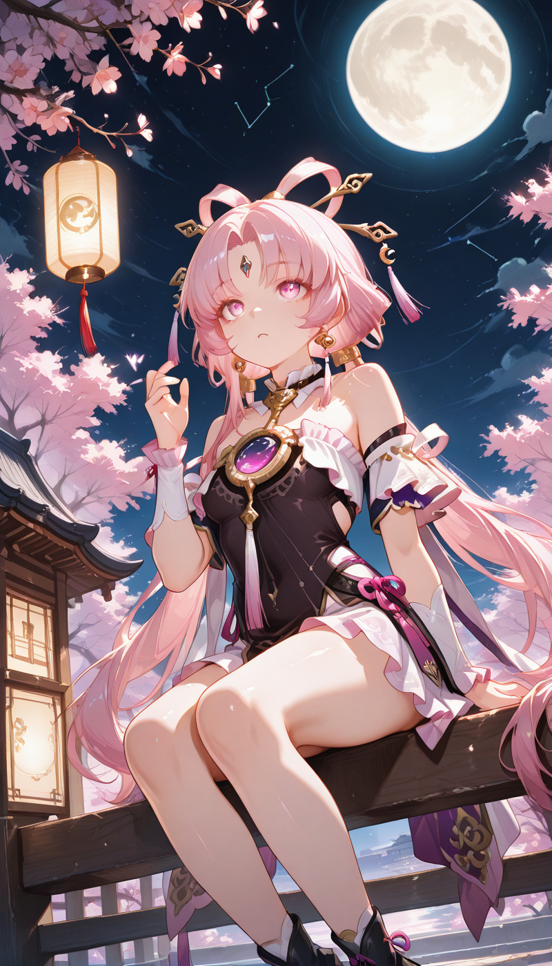 <lora:LCMTurboMix_Euler_A_fix:1> <lora:example_SDXL:0.3>, <lora:Dramatic Lighting Slider:3>
DSLR,realistic,cosplay photo, (very awa,masterpiece,best quality,year 2024,newest,absurdres,highres:1), realistic,skin texture,facial features, photography shot with Canon EOS 5D Mark IV , realistic, RAW, best quality, masterpiece, amazing quality, skin details,
1girl, highly detailed beautiful face, large natural breasts,
detailed background, shiny skin, dutch angle, night, moonlight,
beautiful detailed eyes, intricate details, absurdres, anime screencap,
 <lora:FuXuan_HonkaiStarRail_ILXL_kill0825:1>
HFuXuan, jewelry, bare shoulders, very long hair, twintails, pink hair, earrings, small breasts, pink eyes, parted bangs, low twintails, pink nails, hair rings, hair stick, forehead jewel, tassel earrings, bow-shaped hair, tassel hair ornament, two-tone eyes,
sitting, outdoors, sky, hand up, cloud, black footwear, feet out of frame, night, looking up, tassel, star (sky), cherry blossoms, night sky, pink flower, full moon, lantern, branch, constellation,on railing