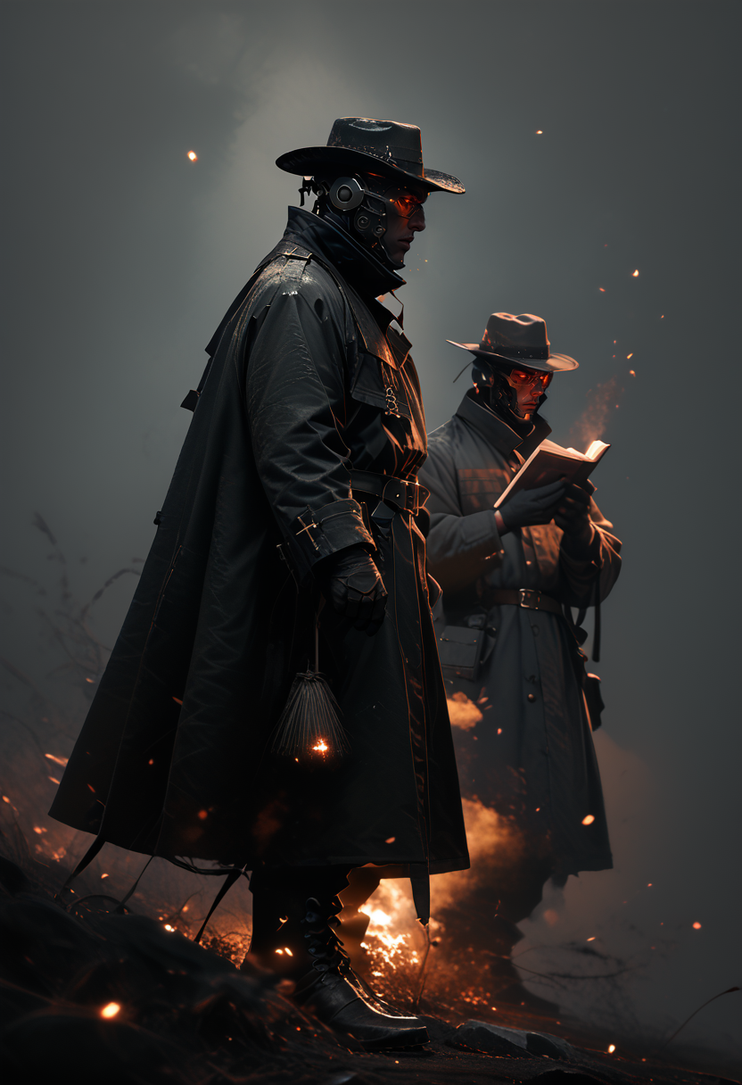 (score_9, score_8_up), score_7_up, 2boys, Highly detailed RAW color Photo, side view, cowboy shot, 1male, hat, holding, full body, black silhouette, glowing red eyes, boots, multiple boys, belt, holding bible, coat, standing, photoshoot theme, glowing, cross, black coat, black masks, black gloves, simple background, grey background, gritty, gorgeous details, depth perception, backlighting, photorealistic, robot, breathtaking scenery,
dark lighting, dof, depth of field, realistic, dark background, CINE, embers,
<lora:unholy-000009:0.8> <lora:CINE-000008:0.4><lora:- SDXL - vanta-black_contrast_V3.0:0.7>
<lora:sinfully_stylish_SDKL:0.5>  <lora:GwentStyle_v2:0.4>