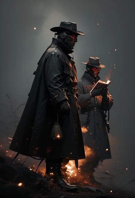 (score_9, score_8_up), score_7_up, 2boys, Highly detailed RAW color Photo, side view, cowboy shot, 1male, hat, holding, full body, black silhouette, glowing red eyes, boots, multiple boys, belt, holding bible, coat, standing, photoshoot theme, glowing, cross, black coat, black masks, black gloves, simple background, grey background, gritty, gorgeous details, depth perception, backlighting, photorealistic, robot, breathtaking scenery,
dark lighting, dof, depth of field, realistic, dark background, CINE, embers,
<lora:unholy-000009:0.8> <lora:CINE-000008:0.4><lora:- SDXL - vanta-black_contrast_V3.0:0.7>
<lora:sinfully_stylish_SDKL:0.5> <lora:GwentStyle_v2:0.4>