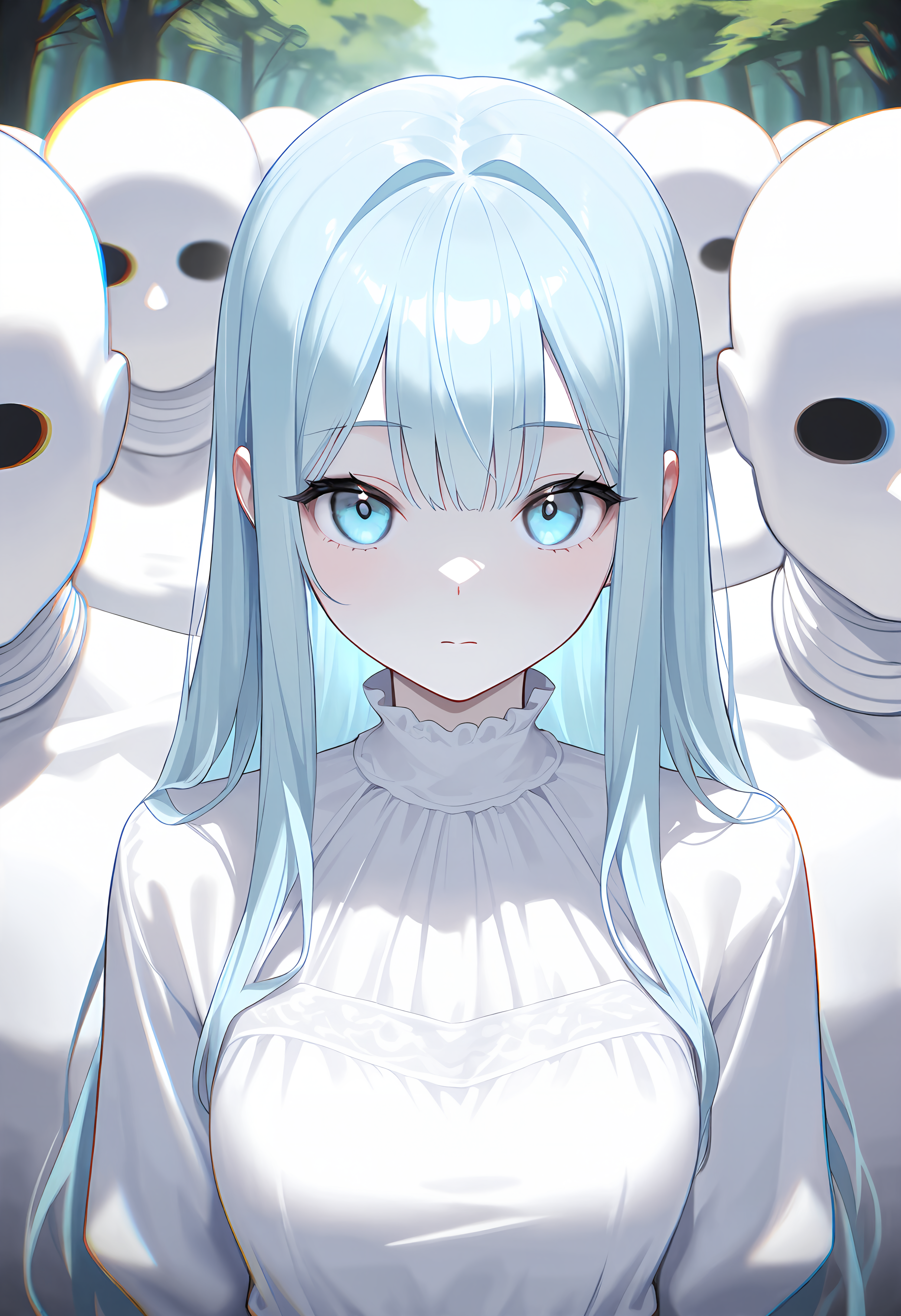 incredibly absurdres, highres, masterpiece, newest, 1girl, upper body, light blue hair, long hair, white skin, white dress, looking at viewer, white dummy crowd, outdoors, nature, chromatic aberration