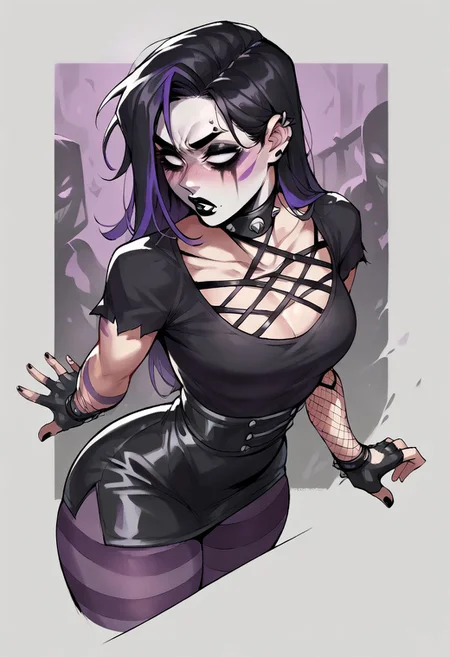core_9, score_8_up, score_7_up, woman, pierced eyebrows, black lipstick, white face paint, long black hair with purple streaks styled in a gothic fashion, black and purple striped tights, black tutu with torn edges, fingerless fishnet gloves <lora:KrekkovLycoXLV2:1>