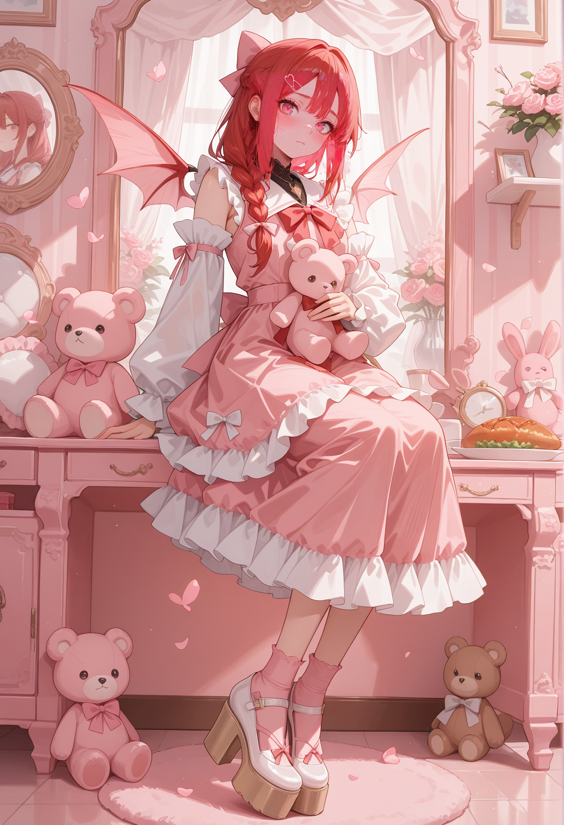 perfect quality,high quality,masterpiece,best quality,amazing quality,very aesthetic,Cinematic Lighting,newest,Tactical use of shadow,
1girl,indianred hair,mermaid braid,
pink theme,socks,dress,bow,wings,hair ornament,frills,ribbon,pink ribbon,heart,full body,detached sleeves,sitting,stuffed toy,looking at viewer,food,stuffed animal,blush,high heels,pink bow,mirror,hairclip,frilled dress,closed mouth,platform footwear,pink socks,,
<lora:ponyv4_noob1_2_adamW-000017:0.7>,<lora:spo_sdxl_10ep_4k-data_lora_webui:0.6>,<lora:USNR STYLE_XL_lokr:0.45>,<lora:illustrious_all_rated_v1:0.7>,<lora:96YOTTEA-WAI:0.8>,