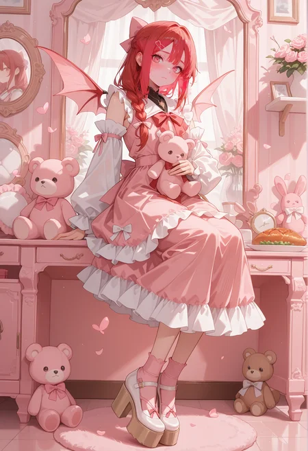perfect quality,high quality,masterpiece,best quality,amazing quality,very aesthetic,Cinematic Lighting,newest,Tactical use of shadow,
1girl,indianred hair,mermaid braid,
pink theme,socks,dress,bow,wings,hair ornament,frills,ribbon,pink ribbon,heart,full body,detached sleeves,sitting,stuffed toy,looking at viewer,food,stuffed animal,blush,high heels,pink bow,mirror,hairclip,frilled dress,closed mouth,platform footwear,pink socks,,
<lora:ponyv4_noob1_2_adamW-000017:0.7>,<lora:spo_sdxl_10ep_4k-data_lora_webui:0.6>,<lora:USNR STYLE_XL_lokr:0.45>,<lora:illustrious_all_rated_v1:0.7>,<lora:96YOTTEA-WAI:0.8>,