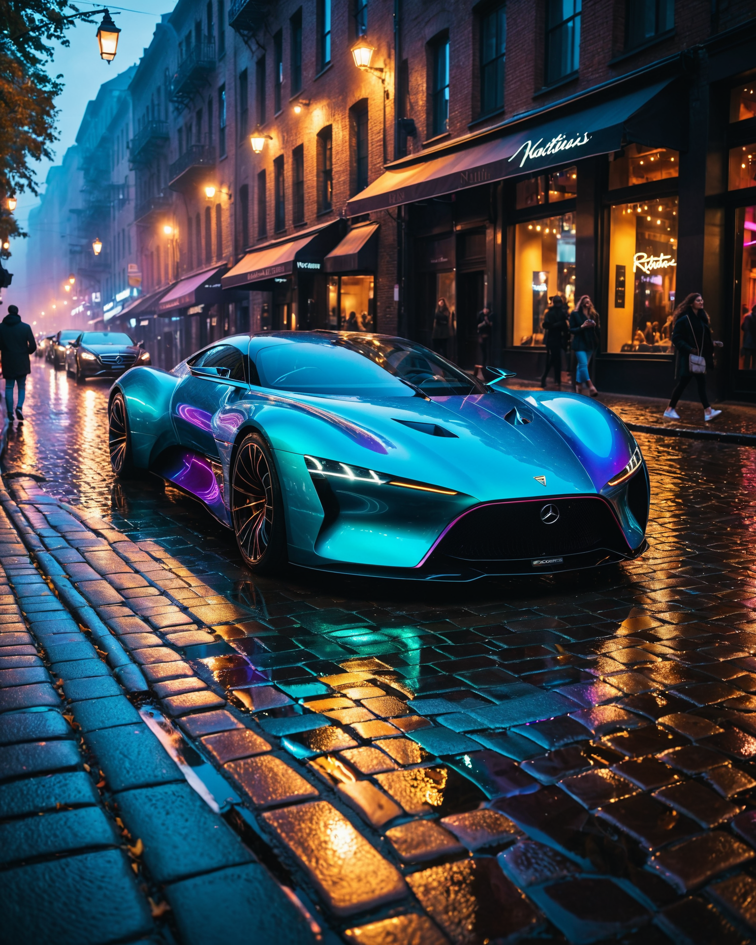 stunning night city photo, concept supercar convertible, iridescent body, smooth, curves, aerodynamic, nautilus, glossy, backlit, sunset, night time, film grain, wet cobblestone brick street winding around a corner, reflections,  blade runner edgy cyberpunk style, dark lighting, dramatic hard shadows, fog, people, pedestrians, crowd of colorful pedestrians people onlookers walking on the street, paparazzi taking photos, explosive, material contrast, hyper-detailed, 8k, hyper detailed elegant, ((realistic, photorealistic, hyperreality, dslr quality)), professionally graded colors
