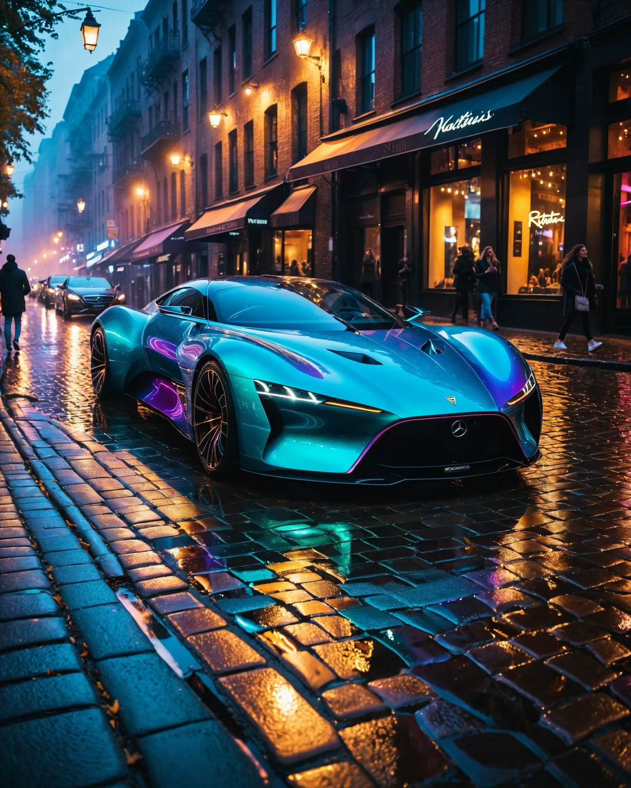 stunning night city photo, concept supercar convertible, iridescent body, smooth, curves, aerodynamic, nautilus, glossy, backlit, sunset, night time, film grain, wet cobblestone brick street winding around a corner, reflections, blade runner edgy cyberpunk style, dark lighting, dramatic hard shadows, fog, people, pedestrians, crowd of colorful pedestrians people onlookers walking on the street, paparazzi taking photos, explosive, material contrast, hyper-detailed, 8k, hyper detailed elegant, ((realistic, photorealistic, hyperreality, dslr quality)), professionally graded colors