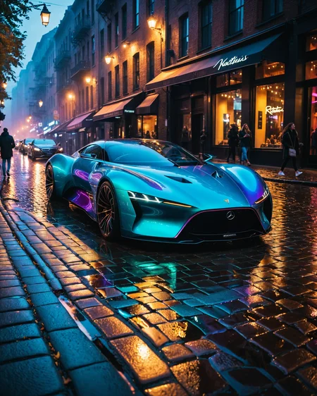 stunning night city photo, concept supercar convertible, iridescent body, smooth, curves, aerodynamic, nautilus, glossy, backlit, sunset, night time, film grain, wet cobblestone brick street winding around a corner, reflections, blade runner edgy cyberpunk style, dark lighting, dramatic hard shadows, fog, people, pedestrians, crowd of colorful pedestrians people onlookers walking on the street, paparazzi taking photos, explosive, material contrast, hyper-detailed, 8k, hyper detailed elegant, ((realistic, photorealistic, hyperreality, dslr quality)), professionally graded colors