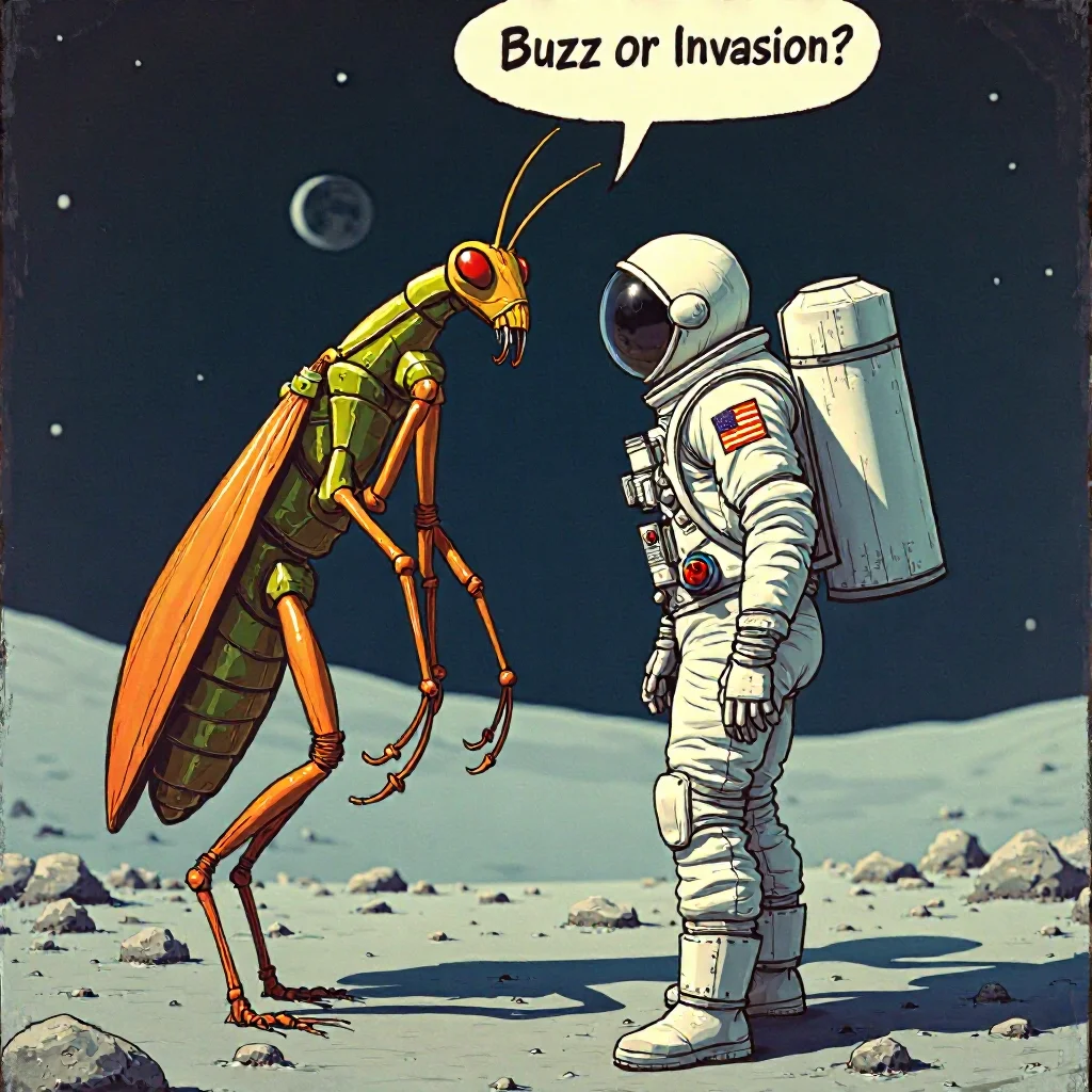 astronaut faces a giant mantis. The mantis says "buzz or invasion" in a comicbaloon. moon surface