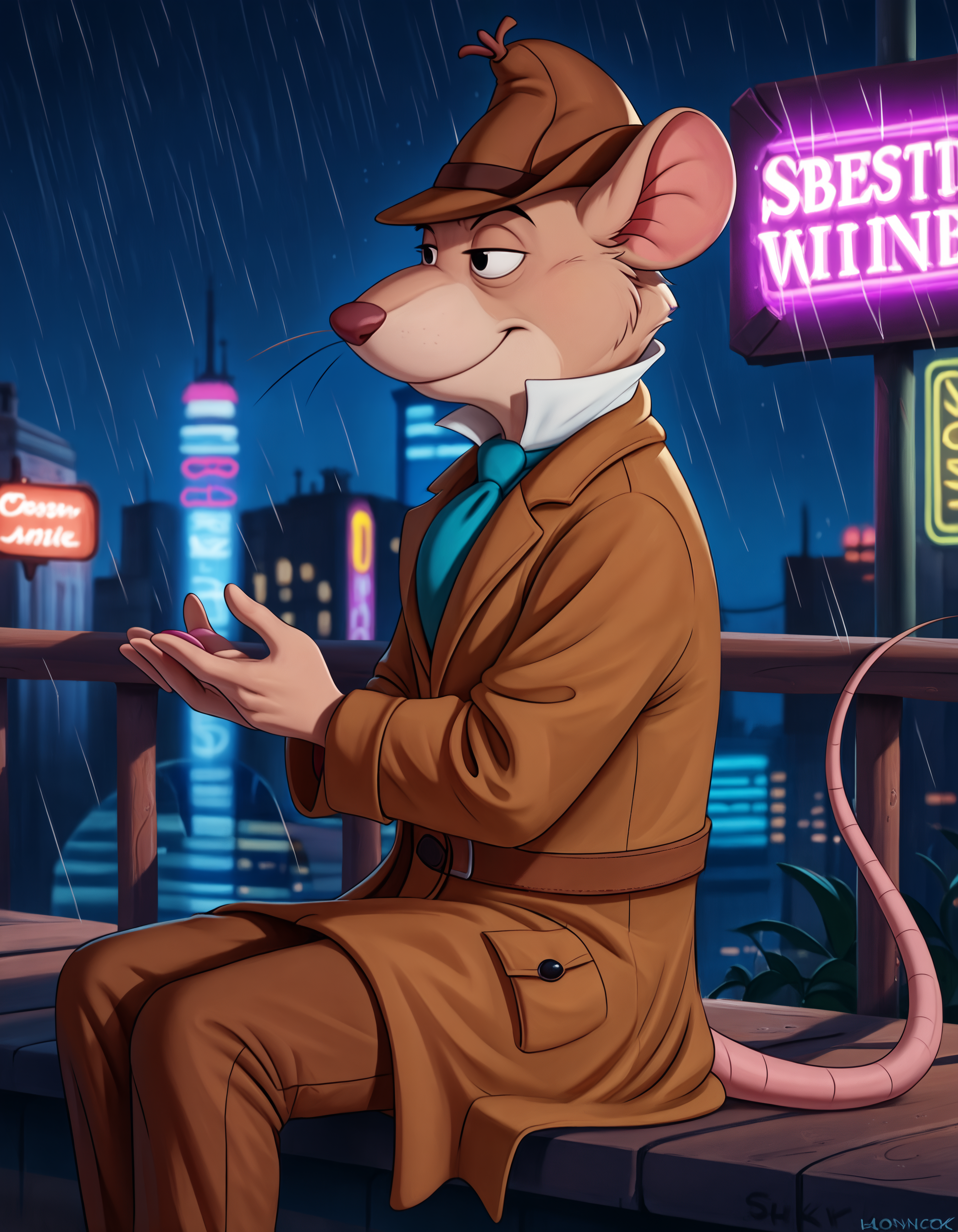 score_9, score_8_up, score_7_up BREAK rating_safe, source_furry, detailed, depth of field, detailed background, cinematic lighting, particles, decals, masterpiece, (best quality, high quality, 8K:1.5), <lora:sinfully_stylish_SDXL.safetensors:0.95>,  embedding:zPDXL3, anthro, <lora:add-detail-xl.safetensors:2.5>, <lora:Basil_of_Baker_StreetThe_Great_Mouse_Detective:1.0>, basil_gmd, great_mouse_detective, solo, 1boy, male focus, clothed, hat, dark, night, rain, light shining through feathers, looking at viewer, city, outdoor, digitigrade, biped, barefoot, (cyberpunk, neon lights, night time:1.2), upper body, solo, smile, long_sleeves, tail, necktie, shoes, pants, (black eyes:1.2), coat, blue necktie, mouse ears, brown headwear, furry male, mouse tail, brown pants, brown coat, mouse, trench coat, detective,  (close up, from side, sitting hands up looking away, bored:1.15)