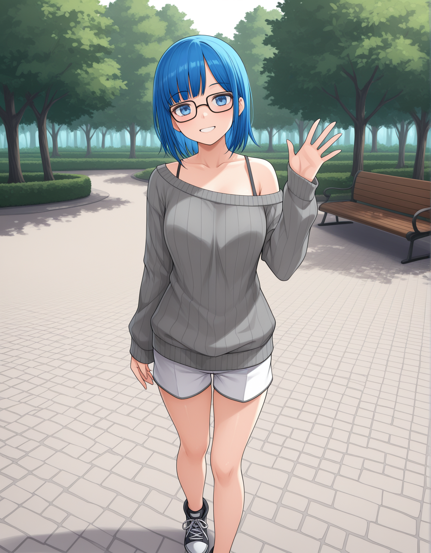 masterpiece,best quality, absurdres, highres,  <lora:Nikki Illu:0.9> nikkiillu, glasses, grey sweater, off shoulder, white shorts, bra strap, outside, standing, park, waving, sneakers, solo