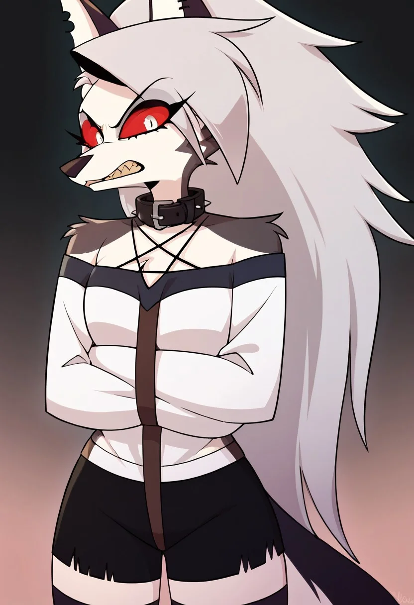 score_9, score_8_up, BREAK, source_anime, (1girl, solo), uncensored, perfect body, slim, thigh highs,
anthro, furry, ((angry, muzzled, black muzzle, shackles,, chain, chained, collar, metal collar, wearing straitjacket ,crossed arms, crotch strap,arms crossed, ((brown straps:1.6)), no visible hands, padded cell, shorts,),
Loona \(Helluva Boss\), <lora:LoonaXL:1>