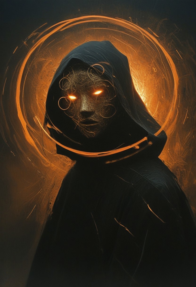 ((((abstract shapes)))), darkness, (evening),((contemporary surrealism)), by Caspar David Friedrich, thick brush strokes, a dark hooded figure, wearing a glowing circle_mask, black robes, face obscured, abstract composition, asymmetric, dark, warm glow, (streaks), circles, black background, abstract film grain, ((messy composition)), (long exposure), dust, atmospheric, dark vs light, blurry mask,