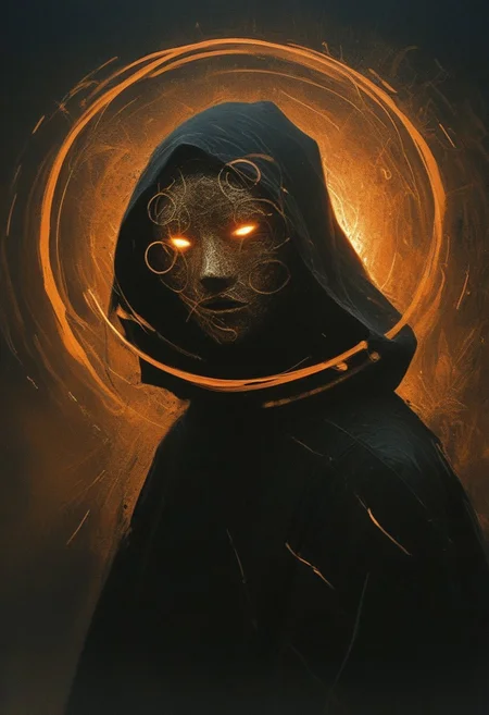 ((((abstract shapes)))), darkness, (evening),((contemporary surrealism)), by Caspar David Friedrich, thick brush strokes, a dark hooded figure, wearing a glowing circle_mask, black robes, face obscured, abstract composition, asymmetric, dark, warm glow, (streaks), circles, black background, abstract film grain, ((messy composition)), (long exposure), dust, atmospheric, dark vs light, blurry mask,