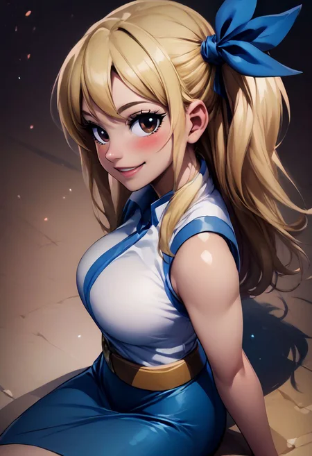 score_9, score_8_up, score_8, medium breasts, cute, eyelashes , 
side view, blush. smile, 
upper body, portrait, 
 aaLucy, hair ribbon, side ponytail, blonde hair, long hair, large breasts, white shirt, sleeveless, belt, blue skirt, sitting, from above, blush, solo, looking at viewer, cowboy shot