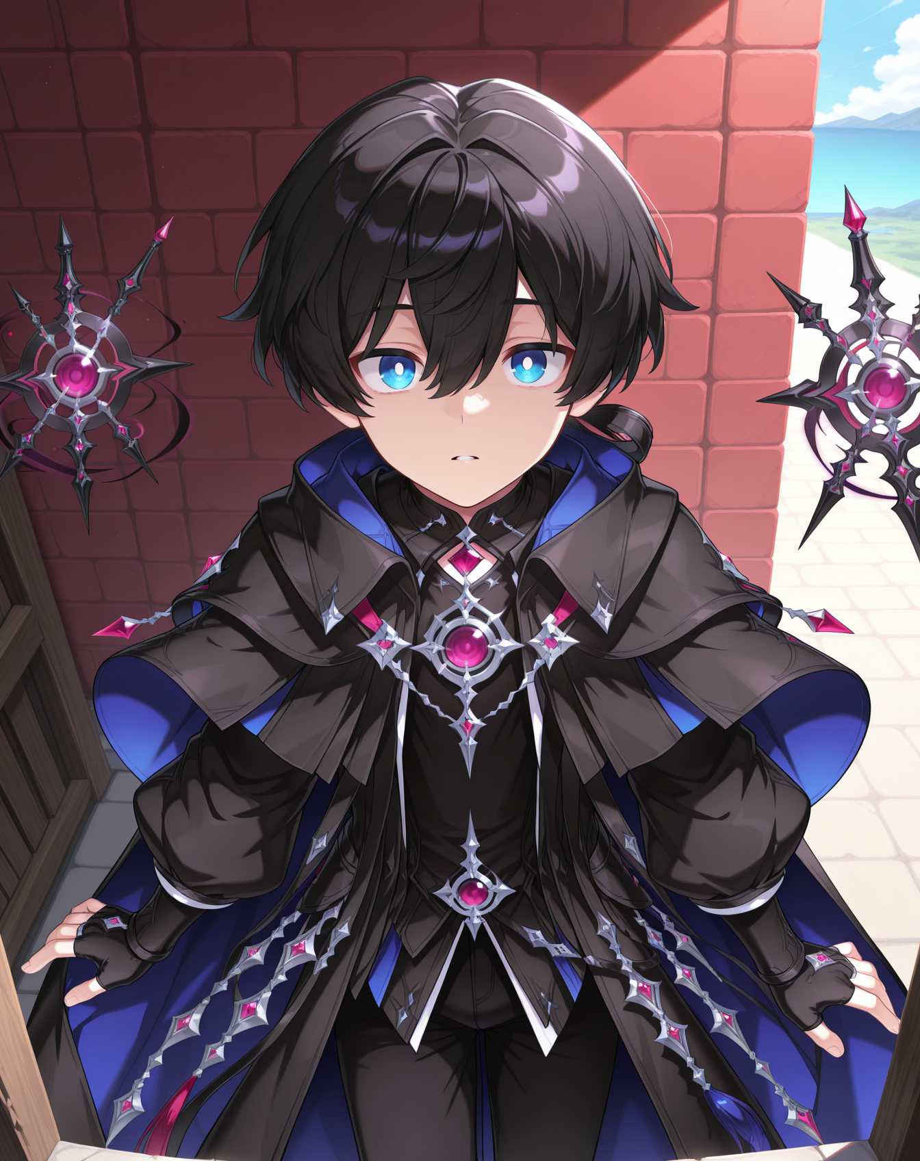 masterpiece, amazing quality, best quality, absurdres, very aesthetic,
1boy, solo, yaoi, male focus, cowboy shot, upper body, looking at viewer, face focus,
<lora:Noah_Morpheus_ilxl:1> noahmo, black hair, hair between eyes, blue eyes, white pupils,
black robe, cloak, puffy sleeves, fingerless gloves, black shirt, black coat, black cape, hair rings, two-sided fabric, black gloves, puffy long sleeves, bridal gauntlets, black pants, toeless legwear, stirrup legwear, bridal legwear,toenails, jewelry, purple gemstone, gem,
floating object, floating weapon, 
outdoors, day, blue sky,