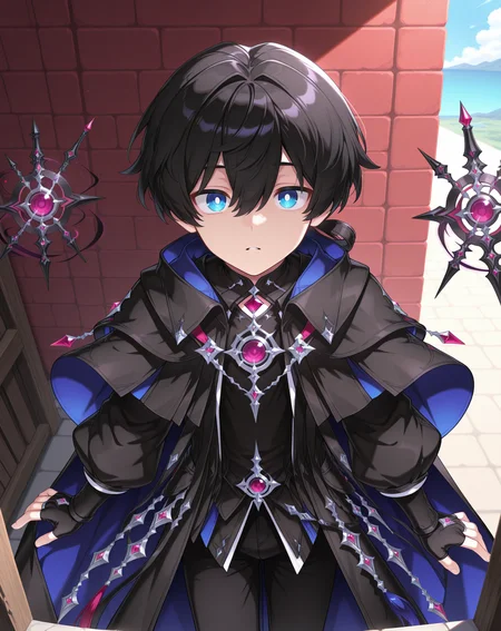 masterpiece, amazing quality, best quality, absurdres, very aesthetic,
1boy, solo, yaoi, male focus, cowboy shot, upper body, looking at viewer, face focus,
<lora:Noah_Morpheus_ilxl:1> noahmo, black hair, hair between eyes, blue eyes, white pupils,
black robe, cloak, puffy sleeves, fingerless gloves, black shirt, black coat, black cape, hair rings, two-sided fabric, black gloves, puffy long sleeves, bridal gauntlets, black pants, toeless legwear, stirrup legwear, bridal legwear,toenails, jewelry, purple gemstone, gem,
floating object, floating weapon, 
outdoors, day, blue sky,