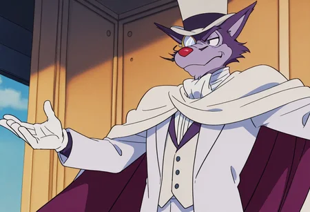 score_9, score_8_up, score_7_up, score_6_up
,
1boy, solo, Professor Moriarty, wolf, white pants, furry, white jacket, white cape, monocle on eye, white bowler hat, whiskers, red nose, ears spread out, Anime, male, purple body