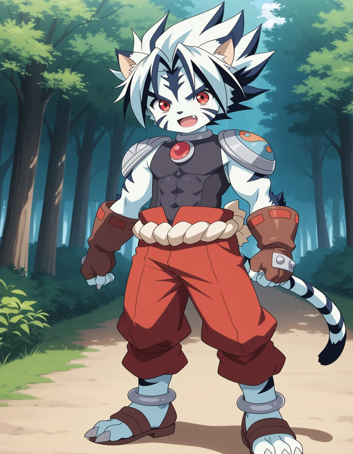 masterpiece, best quality,anime screencap,official style
BREAK
kogenta,solo,1boy,tiger boy,child,male focus,furry male,,open mouth,, red eyes, animal ears, tail, , multicolored hair, , fang, cat ears, two-tone hair, facial mark, white hair, claws,tiger ears,fingerless gloves, armor, shoulder armor,red pants, covered abs,anklet, 3 toes,forest
BREAK
<lora:kogenta_ill_hassaku_v1:1>