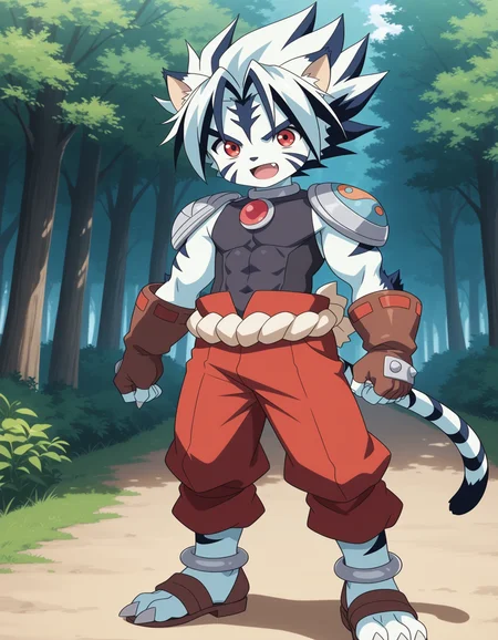 masterpiece, best quality,anime screencap,official style
BREAK
kogenta,solo,1boy,tiger boy,child,male focus,furry male,,open mouth,, red eyes, animal ears, tail,  , multicolored hair, , fang, cat ears, two-tone hair,  facial mark, white hair, claws,tiger ears,fingerless gloves, armor, shoulder armor,red pants, covered abs,anklet, 3 toes,forest
BREAK
<lora:kogenta_ill_hassaku_v1:1>