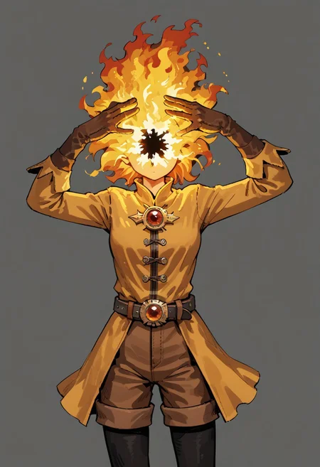 score_9, score_8_up, score_7_up, solo,
lord_of_frenzy, fire head,
novakin, faceless, no eyes, no mouth, no nose, no facial features, short fiery yellow orange hair, body made of black plasma,
open hands, hands on face front,
hands on own head,
upside-down, backflip,
magical girl outfit, (steampunk dress:1.1), boots, (brown shorts:1.1), black tights, medium breasts, belt, gloves,
(headache:1.1), (mad:1.1), (lean back:1.1), dynamic pose,
simple background, grey background,
in yoshidanatsumi artstyle