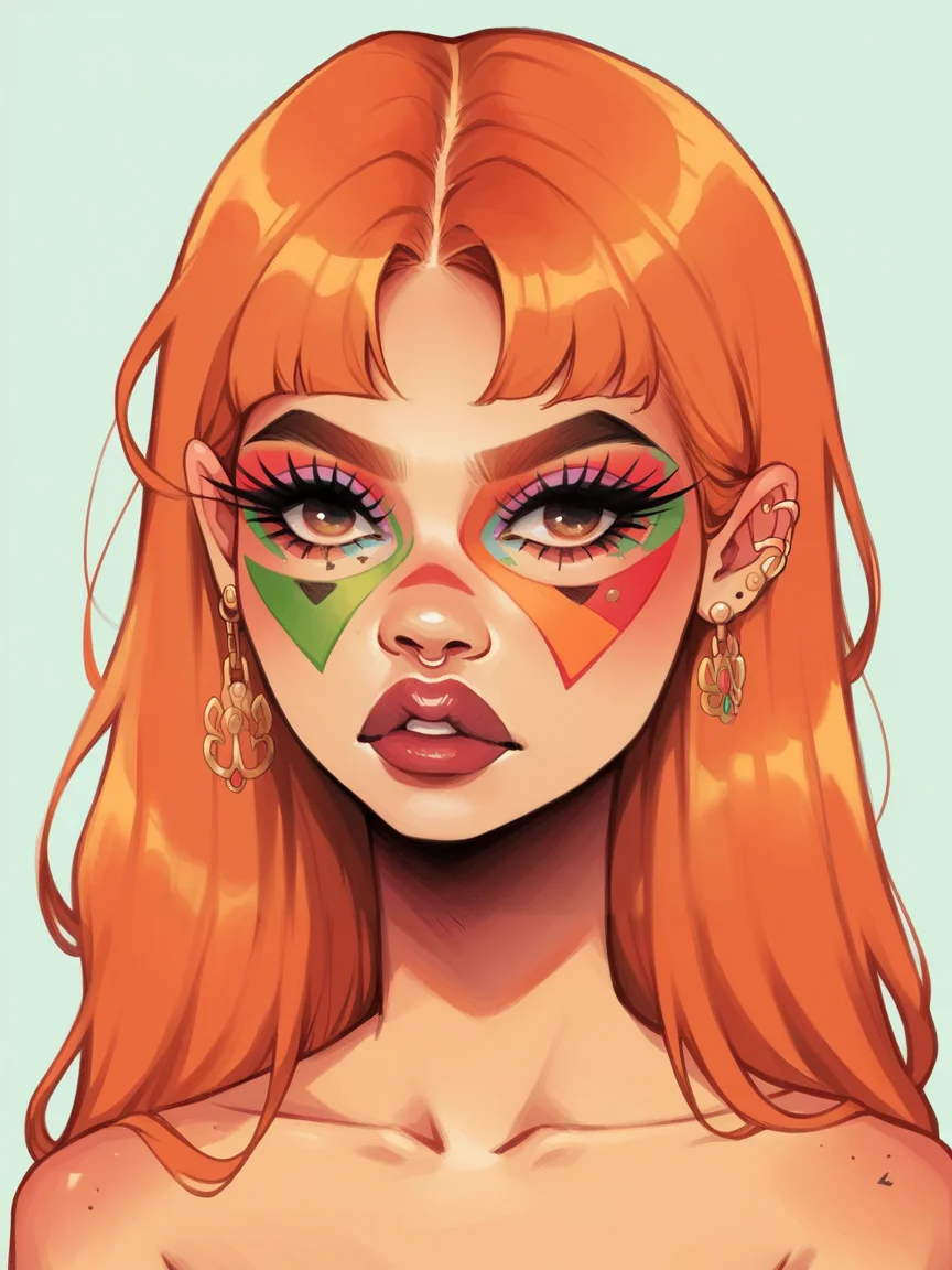 score_9, score_8_up, score_7_up, score_6_up, score_5_up, <lora:nikkileeismeXLP:1> nikkileeisme, 1girl, makeup, ginger hair, colourful, facepaint,