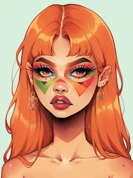 score_9, score_8_up, score_7_up, score_6_up, score_5_up, <lora:nikkileeismeXLP:1> nikkileeisme, 1girl, makeup, ginger hair, colourful, facepaint,