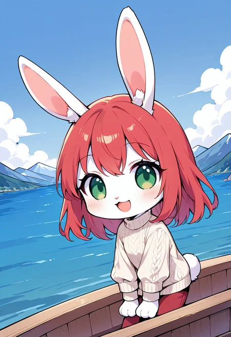 score_9, score_8_up, score_8,
rabbit girl,furry,red hair,white rabbit ear,solo,add detailed eyes,green eyes,dressed, black roll-up sweater,happy,long hair,
lake, mountain, boat in the background, cloud,
chibi, solo, simple art, solid stroke,