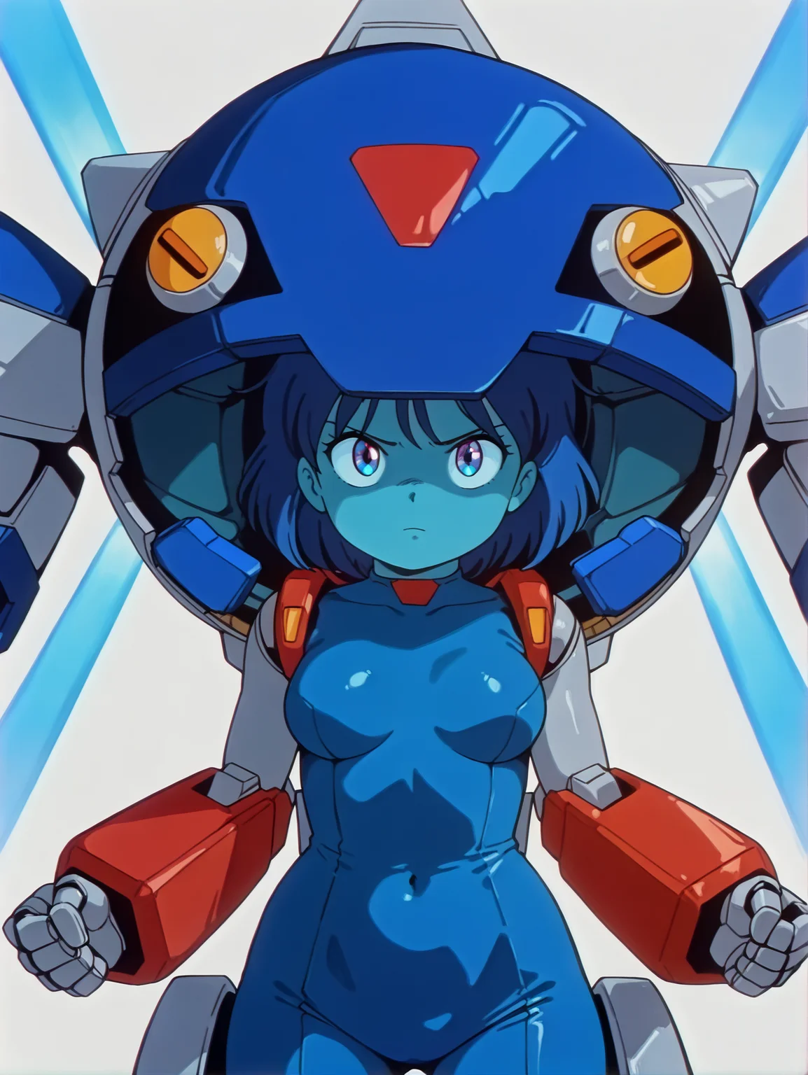 masterpiece, best quality, amazing quality, absurdres, newest, dynamic_angle, defined facial features, anime screencap, anime coloring,
<lora:4in1_OMAN-AWAKE_ILv1a:0.8> newest, scenery, volumetric lighting, defined facial features, dynamic_angle, clear picture, 1girl, volumetric lighting, white background, solo, uncensored, hourglass body, petite body, oman, short hair, medium breasts, mecha visor down, mecha suit, red mecha arm armor, blue hair, ((aged up, mature body:1.4, wide hips)), fighting stance, blue plugsuit, bodysuit, machinery, eye focus, girl in mecha suit, blue eyes, blue theme