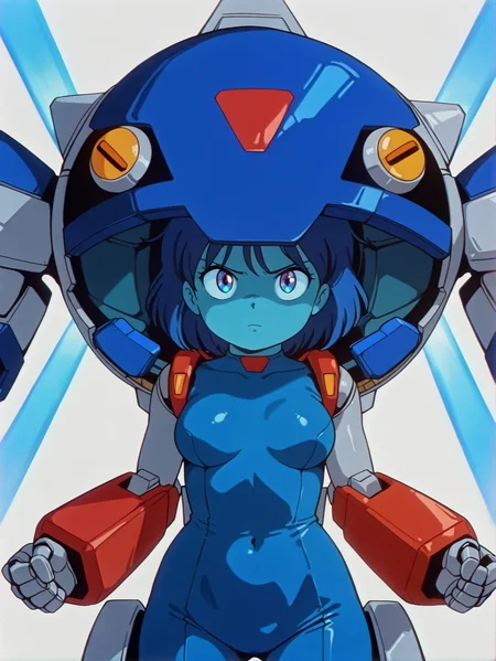 masterpiece, best quality, amazing quality, absurdres, newest, dynamic_angle, defined facial features, anime screencap, anime coloring,
<lora:4in1_OMAN-AWAKE_ILv1a:0.8> newest, scenery, volumetric lighting, defined facial features, dynamic_angle, clear picture, 1girl, volumetric lighting, white background, solo, uncensored, hourglass body, petite body, oman, short hair, medium breasts, mecha visor down, mecha suit, red mecha arm armor, blue hair, ((aged up, mature body:1.4, wide hips)), fighting stance, blue plugsuit, bodysuit, machinery, eye focus, girl in mecha suit, blue eyes, blue theme