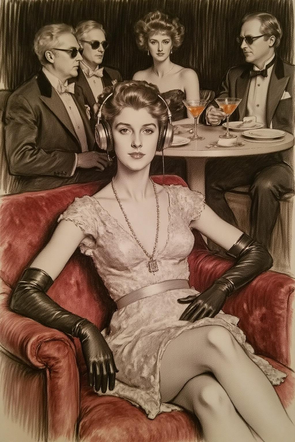 ,johnss1 charcoal drawing.
A stylish young woman in a lace dress, wearing oversized headphones, lounges on a plush velvet couch with an air of cool detachment. She dons sleek black gloves, embodying the effortless glamour of the era. In the background, a group of fashionable, well-dressed people in tailored suits and cocktail dresses sit around a table, enjoying drinks and conversation, all wearing sunglasses. 
 <lora:johnss1_cap_d6a3e12:1.0><lora:824348878884089430:0>