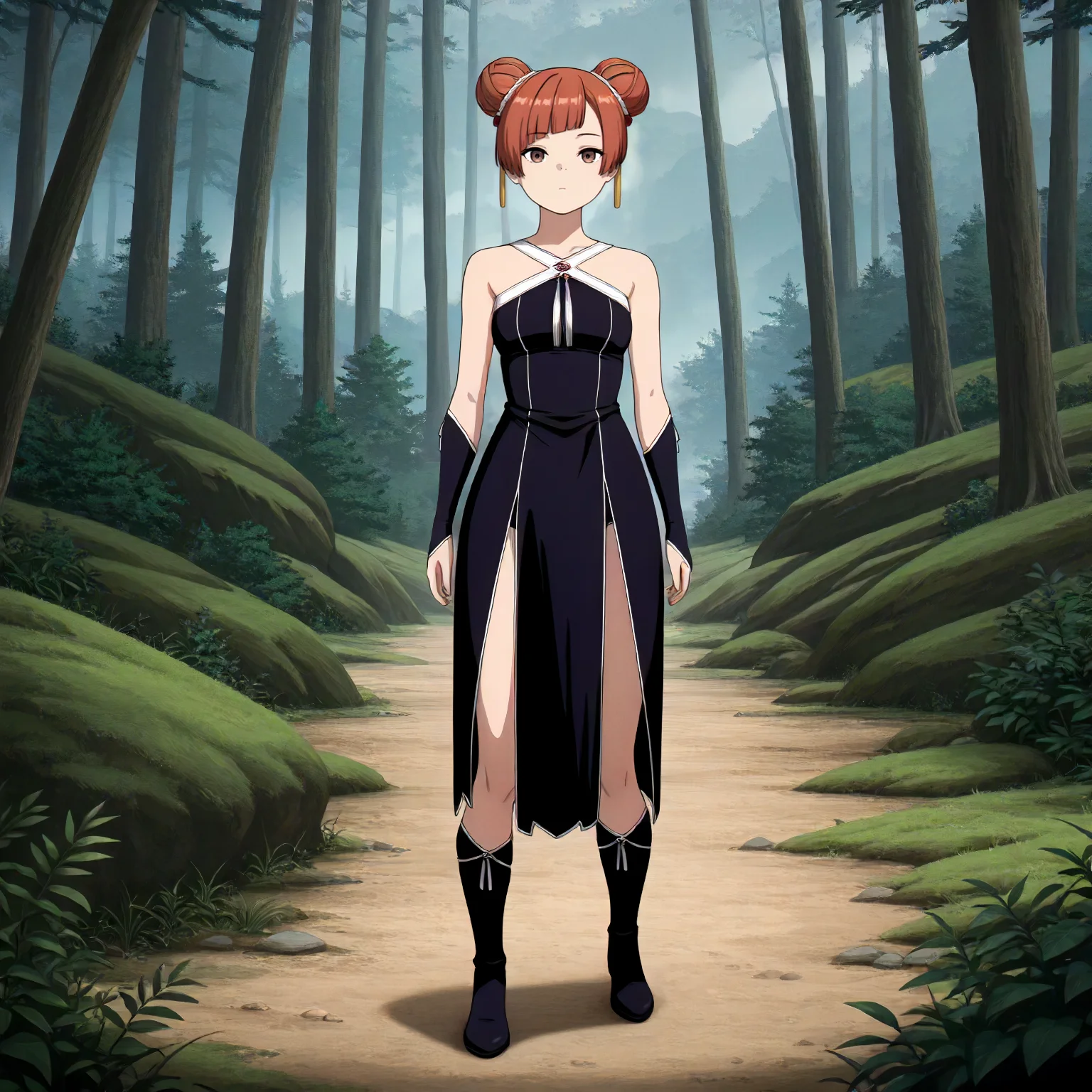 <lora:FBJE_LaufenXLIllustrious003>,
masterpiece,best quality,good quality,newest,
detailed background,nature,
looking at viewer,
solo,
Laufen,1girl,brown hair,short hair,double bun,brown eyes,yellow hairornament,
black dress,bare shoulders,
gloves,
pelvic curtain,
boots,
full body,standing,