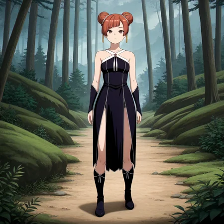 <lora:FBJE_LaufenXLIllustrious003>,
masterpiece,best quality,good quality,newest,
detailed background,nature,
looking at viewer,
solo,
Laufen,1girl,brown hair,short hair,double bun,brown eyes,yellow hairornament,
black dress,bare shoulders,
gloves,
pelvic curtain,
boots,
full body,standing,