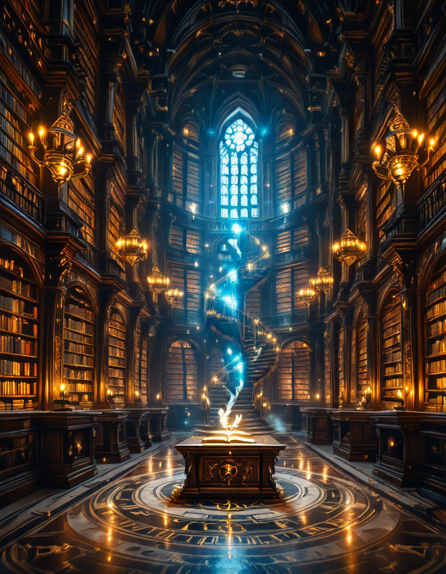 grand enchanted library filled with towering wooden bookshelves that stretch endlessly into the distance, packed with ancient, leather-bound books glowing with mystical runes. The atmosphere is illuminated by floating candles and ethereal blue and golden lights that hover in the air, casting a warm, magical glow. A spiral staircase made of dark oak winds upward, disappearing into the shadows of the high-vaulted ceiling adorned with intricate celestial carvings. Wisps of enchanted mist swirl around the floor, while some books levitate gently from shelf to shelf, as if guided by an unseen force. The air shimmers with dust particles suspended in soft, golden light filtering through stained glass windows, depicting mythical creatures and arcane symbols. The scene is rich in deep, warm tones of mahogany, gold, and sapphire, evoking a sense of wonder, mystery, and timeless knowledge. The image is highly detailed and photorealistic, capturing the textures of the aged books, the glow of magical elements, and the enchanting stillness of this mystical sanctuary of wisdom.
<lora:SDXLFaeTastic2400:0.4> <lora:extremely_detailed:0.4> extremely detailed,<lora:3nch4nt3d_l1br4ry-ill:1>,3nch4nt3d l1br4ry, Masterpiece,best quality,hi res,8k,hi res,8k,award winning,(sharp focus, intricate, highly detailed),