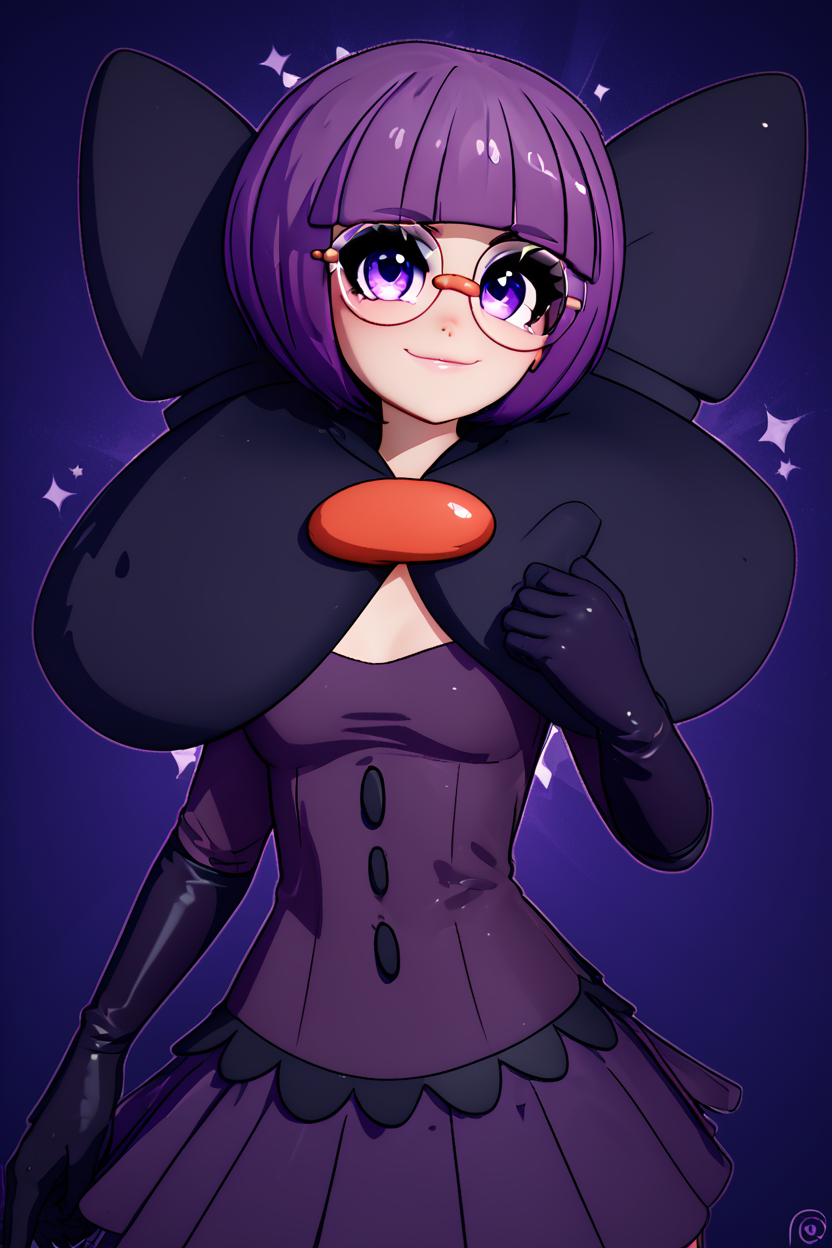 score_9, score_8_up, score_8, medium breasts, (curvy), cute, eyelashes,       ,,, , ,,, zzShauntal, purple eyes, bob cut, glasses, round eyewear, short hair, blunt bangs, purple hair, elbow gloves, purple skirt, skirt, bow, dress, large bow, <lora:Shauntal_Pokemon_PDXL:1.0>,  ,,,, BREAK, smile, closed mouth, looking at viewer, cowboy shot,  ,,, embedding:zPDXL, Expressiveh, ,,, <lora:MantisStyle_PDXL_v2:0.8>, <lora:SDXLFaeTastic2400:0.5>, <lora:Expressive_H-000001:0.4>,