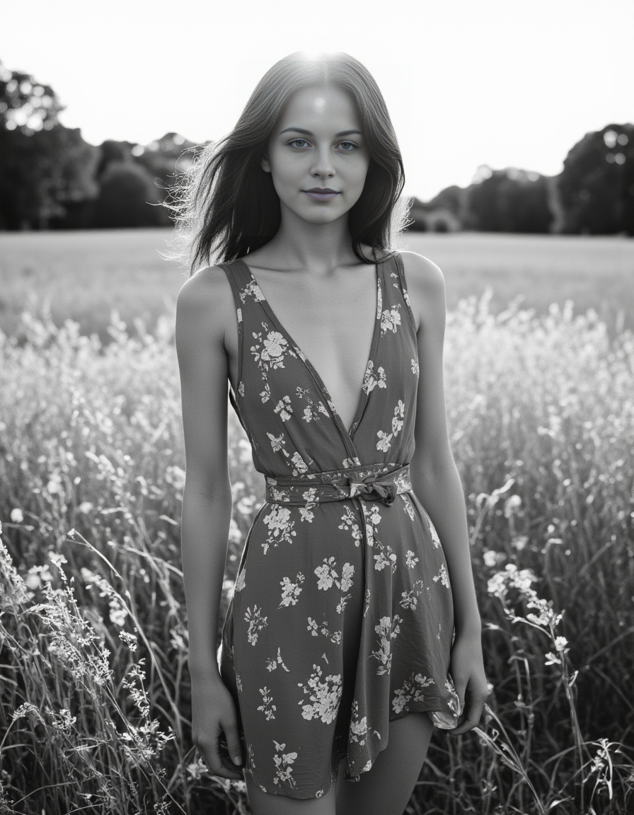 In this striking black-and-white photograph, evoking the late 19th or early 20th century, a carefree hippie stands in a vibrant, sun-drenched meadow. She is wearing an unbuttoned, belted, sleeveless, 1920s fitted and flared dressâbaring her shoulders and small breasts, made of stretch gabardine with a floral pattern. The high-waisted, flared skirt elegantly hugs her figure. Her wild, curly hair dances in the wind, framing her luminous, expressive eyes that sparkle with vitality. The sun bathes the scene in a soft, radiant glow, illuminating every intricate detail: the swaying grass, the delicate petals, and her joyful presence. The atmosphere exudes peace, freedom, and timeless beauty, as if frozen in a perfect, golden moment of peace and bliss. This is a high-resolution photograph of a young, fair-skinned girl. girl is of average height, her figure is slim and athletic, with a flat stomach and small breasts, girl has medium length brown hair parted to the side on the right side, young and slim. looks at the viewer, front view, professional photography, (nsfw:1.2),(nudity:1.2),(breasts:1.2),(nipples:1.2), <lora:breast-size2:-2>, <lora:Hand v2:1>, <lora:FLUX_thinspo_skinny-000001:0.3>, <lora:70s_vintage_nudity:1>