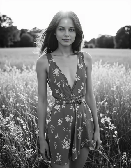 In this striking black-and-white photograph, evoking the late 19th or early 20th century, a carefree hippie stands in a vibrant, sun-drenched meadow. She is wearing an unbuttoned, belted, sleeveless, 1920s fitted and flared dressâbaring her shoulders and small breasts, made of stretch gabardine with a floral pattern. The high-waisted, flared skirt elegantly hugs her figure. Her wild, curly hair dances in the wind, framing her luminous, expressive eyes that sparkle with vitality. The sun bathes the scene in a soft, radiant glow, illuminating every intricate detail: the swaying grass, the delicate petals, and her joyful presence. The atmosphere exudes peace, freedom, and timeless beauty, as if frozen in a perfect, golden moment of peace and bliss. This is a high-resolution photograph of a young, fair-skinned girl. girl is of average height, her figure is slim and athletic, with a flat stomach and small breasts, girl has medium length brown hair parted to the side on the right side, young and slim. looks at the viewer, front view, professional photography, (nsfw:1.2),(nudity:1.2),(breasts:1.2),(nipples:1.2), <lora:breast-size2:-2>, <lora:Hand v2:1>, <lora:FLUX_thinspo_skinny-000001:0.3>, <lora:70s_vintage_nudity:1>