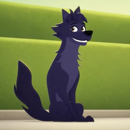 Lupin(character), dog, solo, black fur, brown eyes, Sitting, outside, smile,