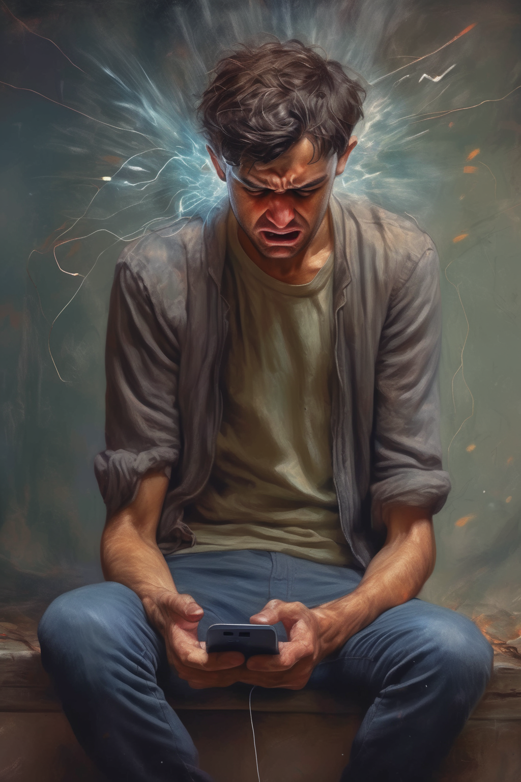 <lora:Sam Spratt Style:1>Sam Spratt Style - young man struggling fighting his phone want to go away from it felling sadhis brain destroyed has no hope waisting time on checking his phone his age passe without doing anything without achieving any think 8k hyperraliste