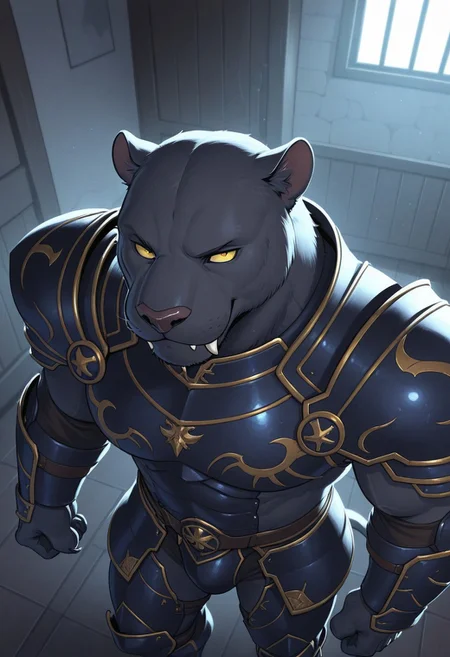 masterpiece,best quality,amazing quality, (male, antro: 1.4),
BREAK
( muscle, tall, barazoku, bara, facial hair, old, mature (smile, Sharp fangs, close up, high, angle , from above ) :1.1)), (1boy, solo,(male only) anthro, )
BREAK
(male: panther, black panther )), armor, full armor
BREAK
indoors,