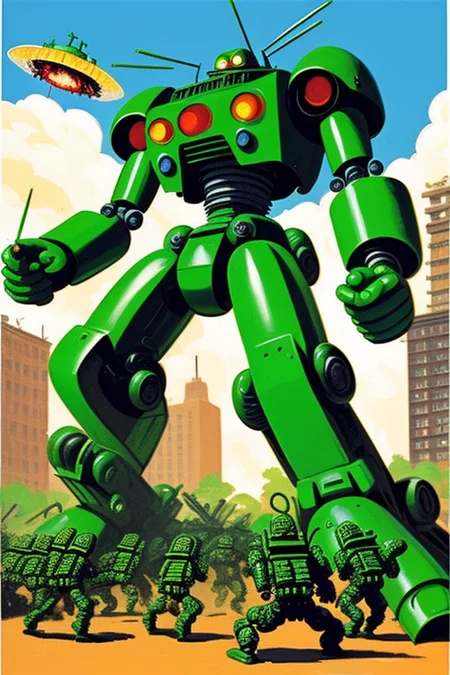 a painting of a giant green robot with red claws holding a soldier in the claw and a group of soldiers around him, with a cannon firing at the robot in the foreground, art by marsattacks3